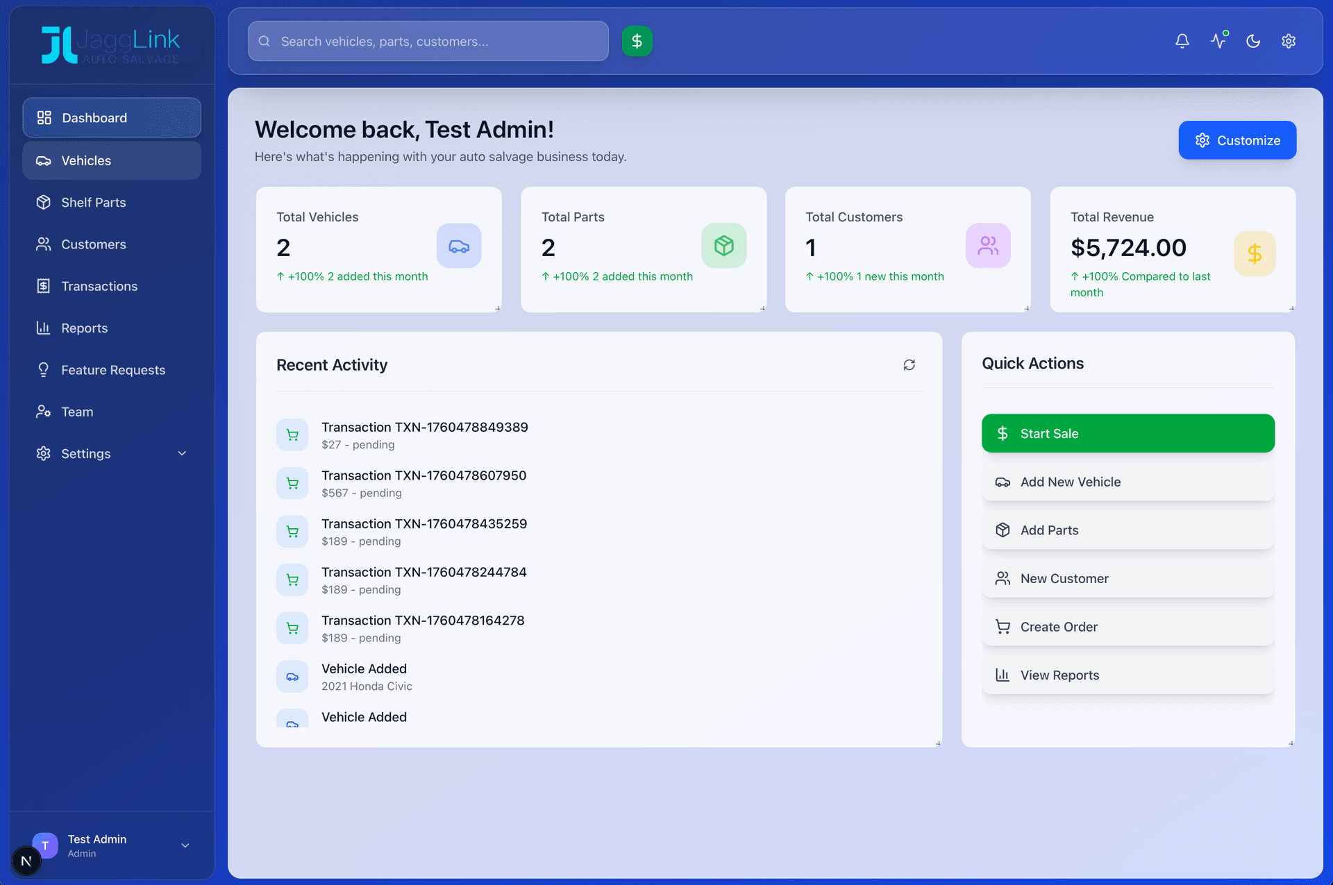 JaggLink Auto Salvage Dashboard